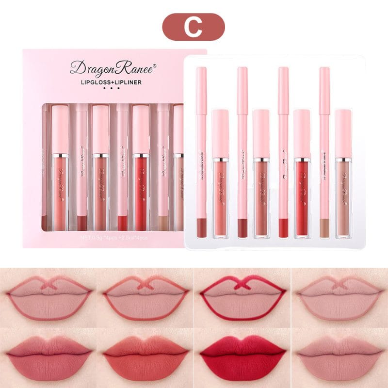 Dragon Ranee 4pcs/set Lip liner + lip gloss waterproof non-stick Cup lipstick stroke Lip Matte fog surface hook line pen Net 0.3g (Authentic)